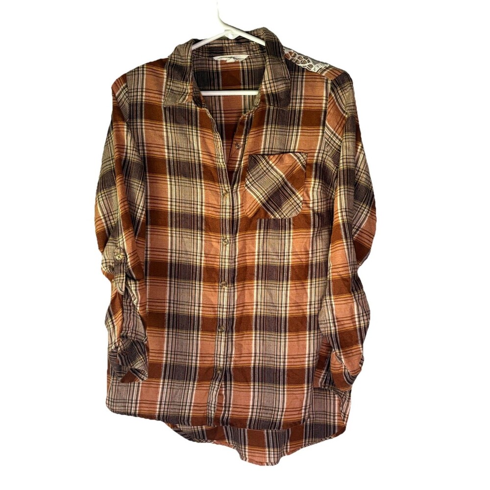 Linda Anderson Crochet Back Plaid Shirt Small Flannel Buttons